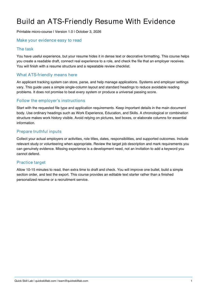 Actual guide preview for Build an ATS-Friendly Resume With Evidence
