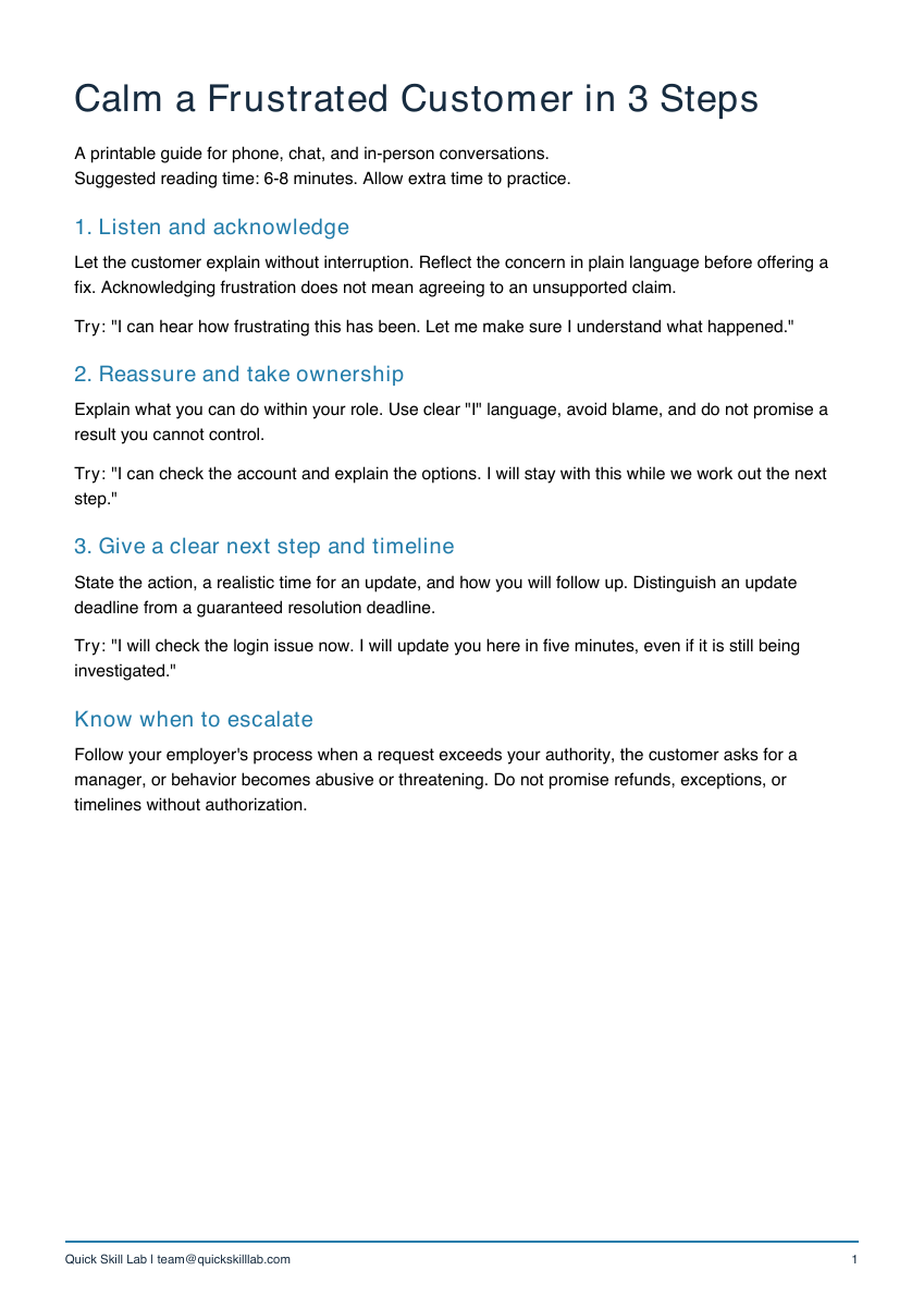 Actual guide preview for Calm a Frustrated Customer in 3 Steps