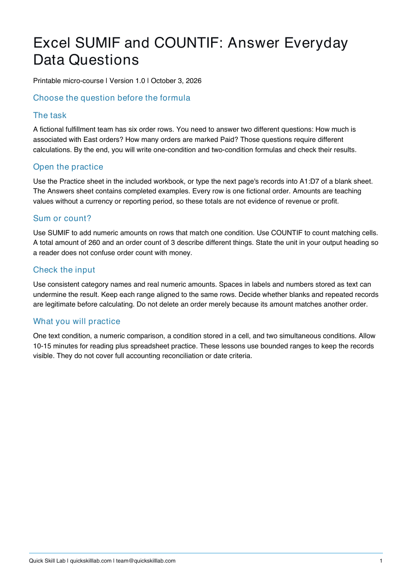Actual guide preview for Excel SUMIF and COUNTIF: Answer Everyday Data Questions