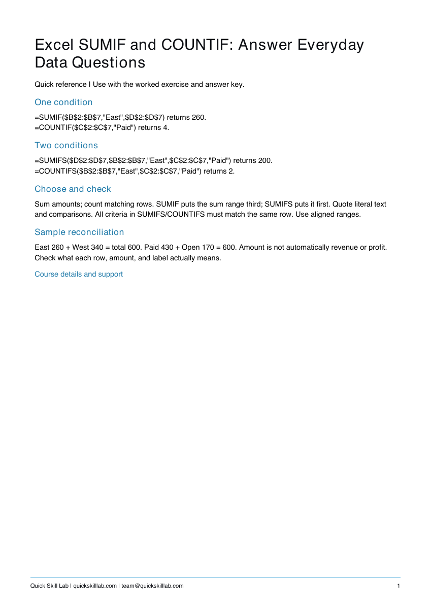 Actual reference preview for Excel SUMIF and COUNTIF: Answer Everyday Data Questions