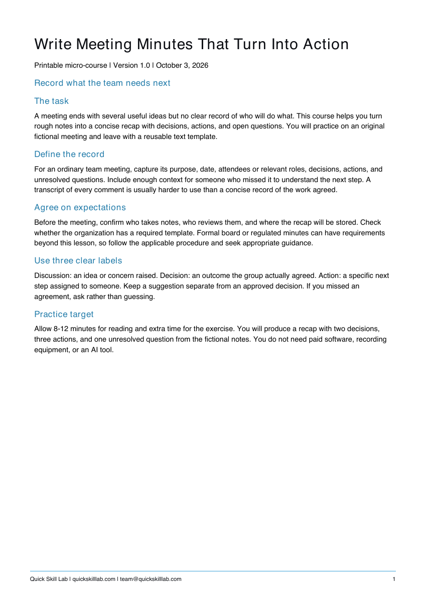 Actual guide preview for Write Meeting Minutes That Turn Into Action